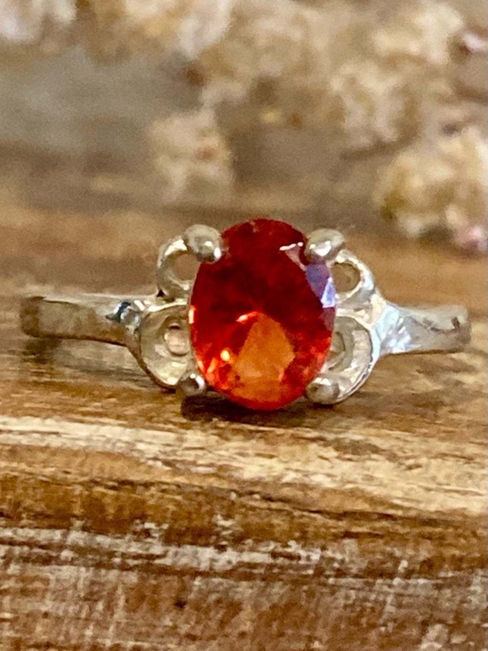 Sterling Silver 925 Orange Red Faceted Gemstone Ring Size 7